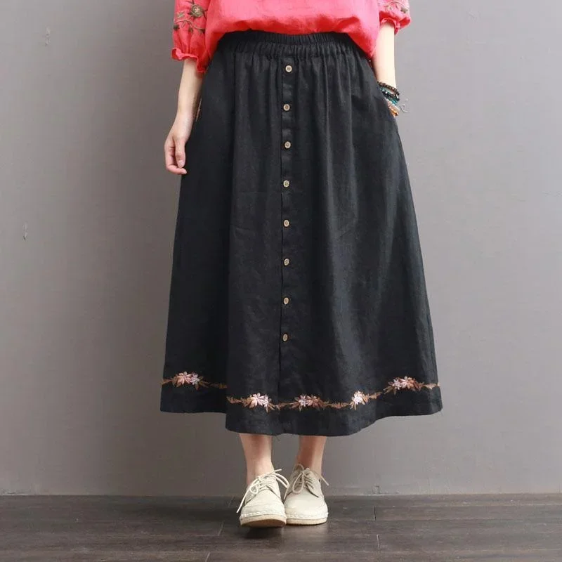 2024 black  casual embroidery skirt cotton linen a line skirts elastic waist women skirts