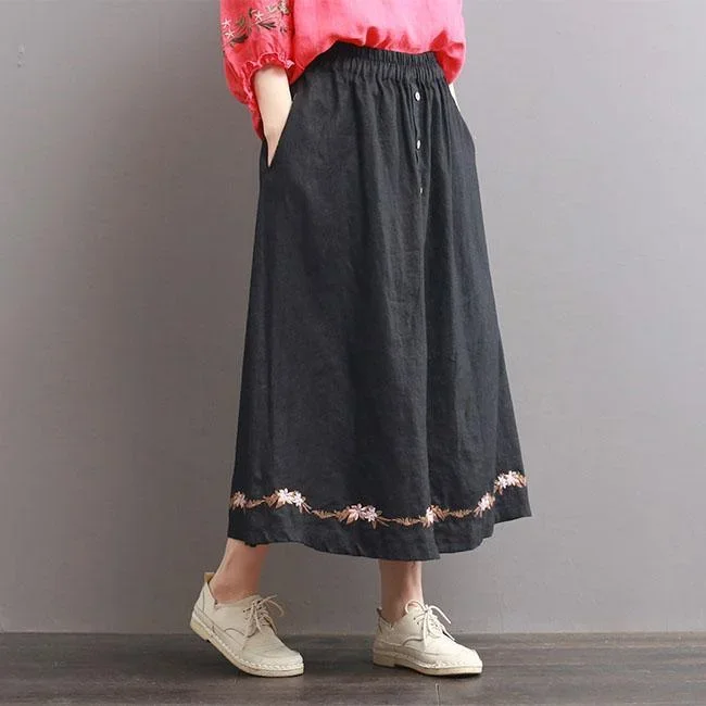 2017-black-casual-embroidery-skirt-cotton-linen-a-line-skirts-elastic-waist-women-skirts