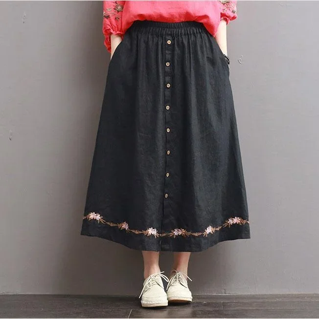 2017-black-casual-embroidery-skirt-cotton-linen-a-line-skirts-elastic-waist-women-skirts