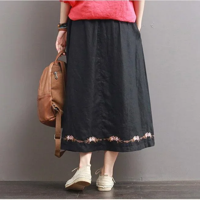 2017-black-casual-embroidery-skirt-cotton-linen-a-line-skirts-elastic-waist-women-skirts