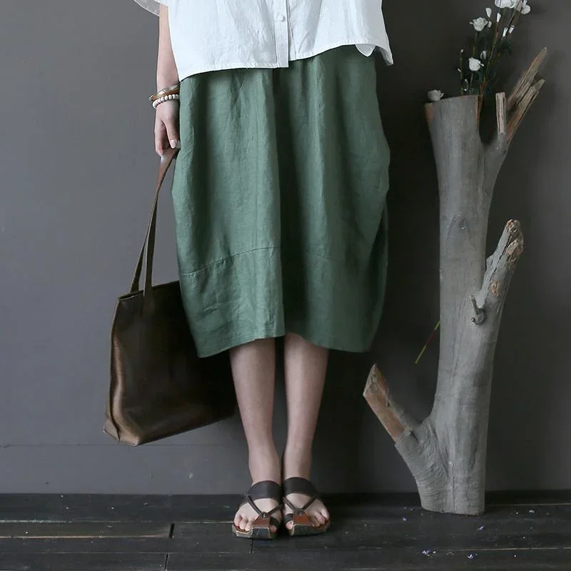 2024 green patchwork linen mid skirts elastic waist loose cirlce skirts