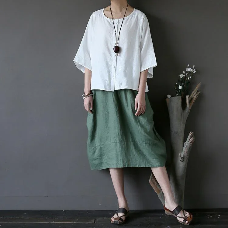 2017-green-patchwork-linen-mid-skirts-elastic-waist-loose-cirlce-skirts