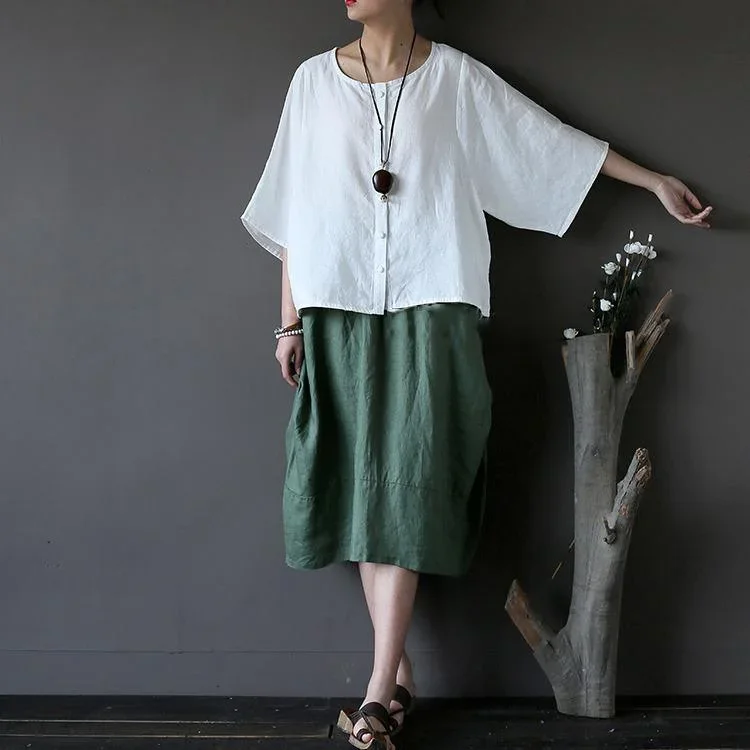 2017-green-patchwork-linen-mid-skirts-elastic-waist-loose-cirlce-skirts