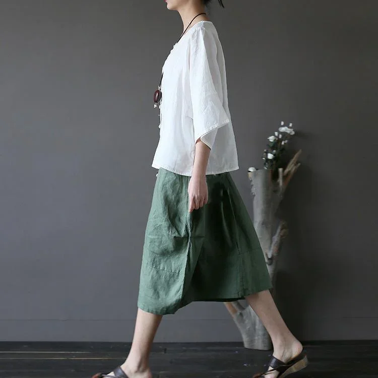 2017-green-patchwork-linen-mid-skirts-elastic-waist-loose-cirlce-skirts