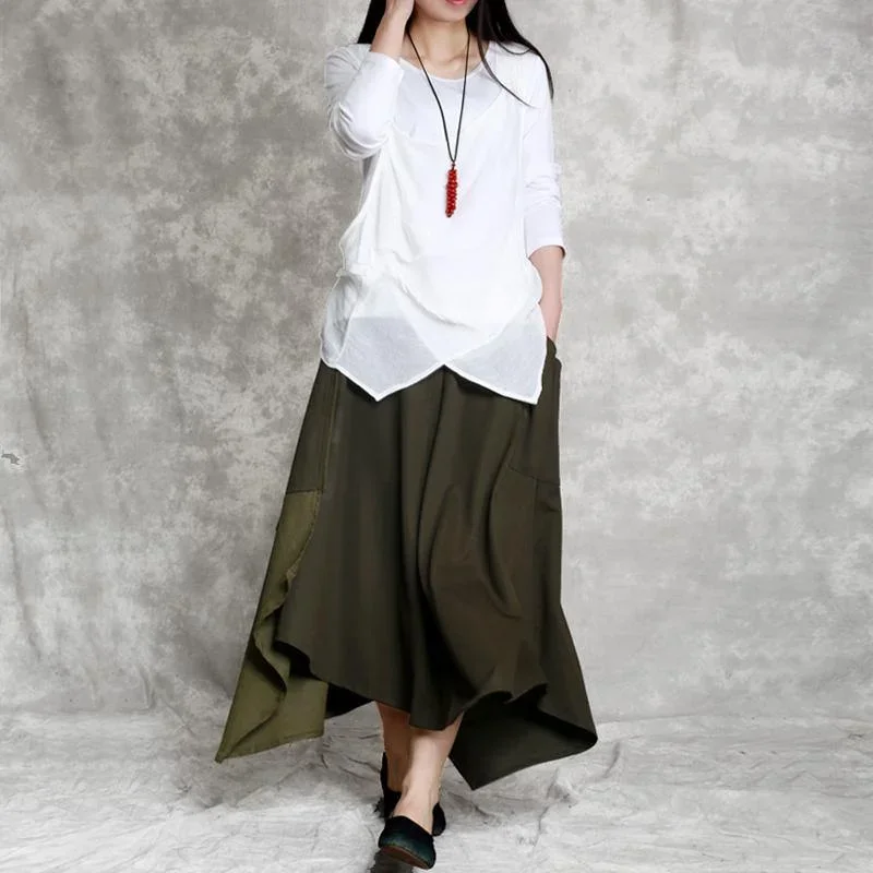 2024 summer army green cotton casual skirt asymmetric hem elastic waist maxi skirts