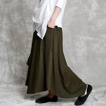 2018-summer-army-green-cotton-casual-skirt-asymmetric-hem-elastic-waist-maxi-skirts