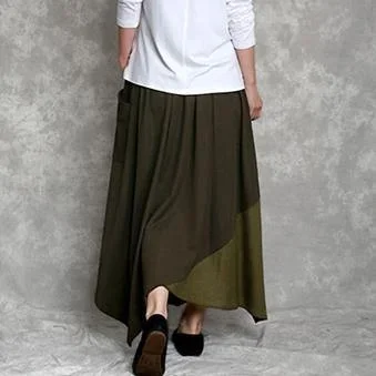 2018-summer-army-green-cotton-casual-skirt-asymmetric-hem-elastic-waist-maxi-skirts