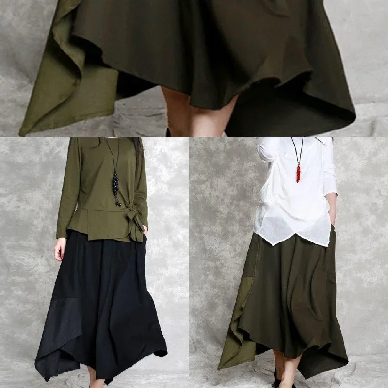 2018-summer-army-green-cotton-casual-skirt-asymmetric-hem-elastic-waist-maxi-skirts