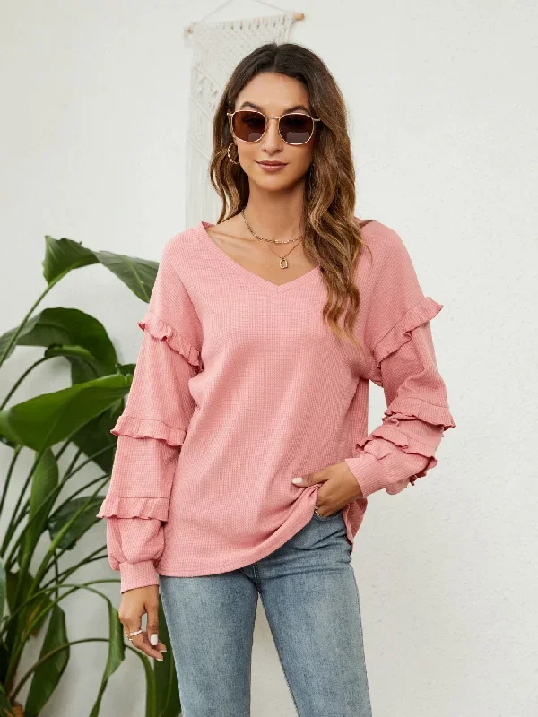 FashionSierra - Waffle V-Neck Ruffled Lantern Sleeve Top