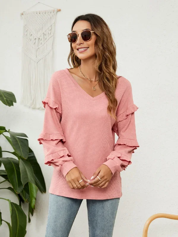 2022-cross-border-women-039-s-jacket-amazon-autumn-and-winter-new-women-039-s-waffle-v-neck-ruffled-lantern-sleeve-jacket