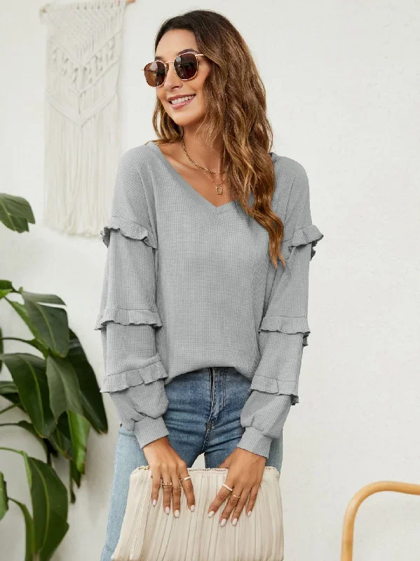 2022-cross-border-women-039-s-jacket-amazon-autumn-and-winter-new-women-039-s-waffle-v-neck-ruffled-lantern-sleeve-jacket