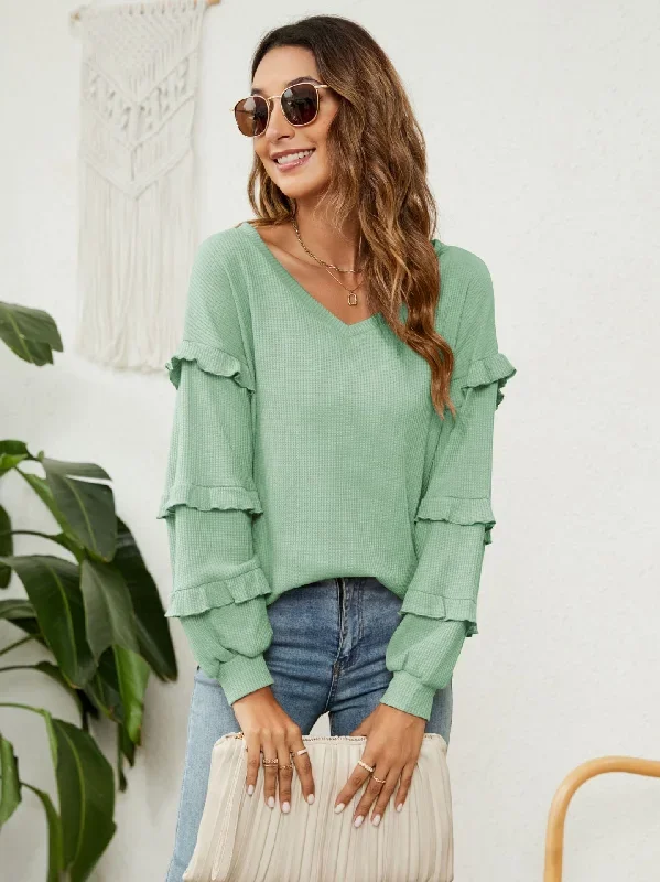 2022-cross-border-women-039-s-jacket-amazon-autumn-and-winter-new-women-039-s-waffle-v-neck-ruffled-lantern-sleeve-jacket