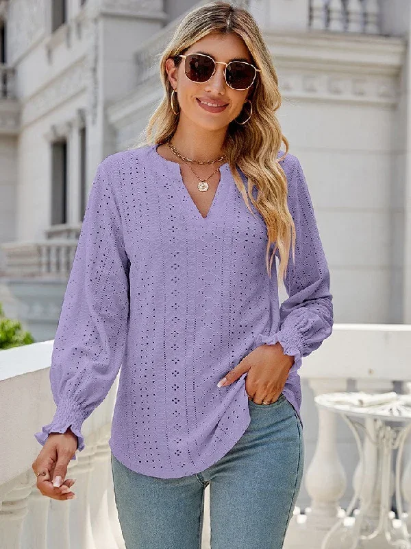 FashionSierra - Hollow Out V Neck Long Sleeve Solid Blouse