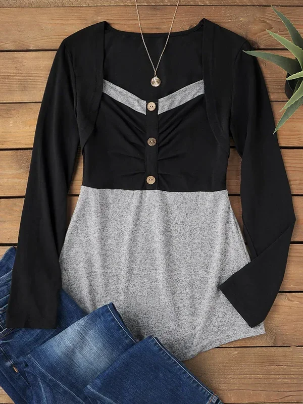 2023-autumn-fashion-color-block-long-sleeve-button-fake-two-piece-blouse-design-charming-innovative-casual-loose-tops-for-women