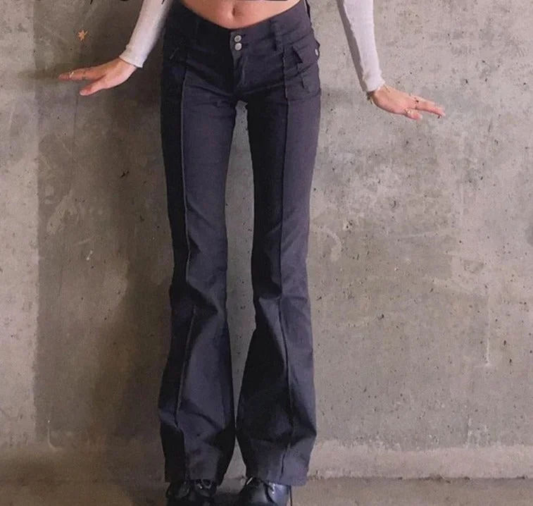 CityHottie - Indie Aesthetics Slim Low Waist Flare Pants E-girl Vintage Pockets Solid Y2K Pants Autumn 90s Fashion Black Trousers