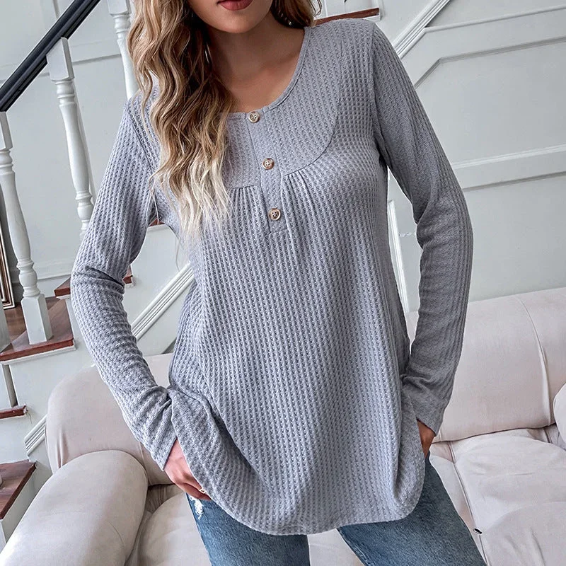 FashionSierra - Solid Round Neck Casual Loose Long Sleeve T-shirt