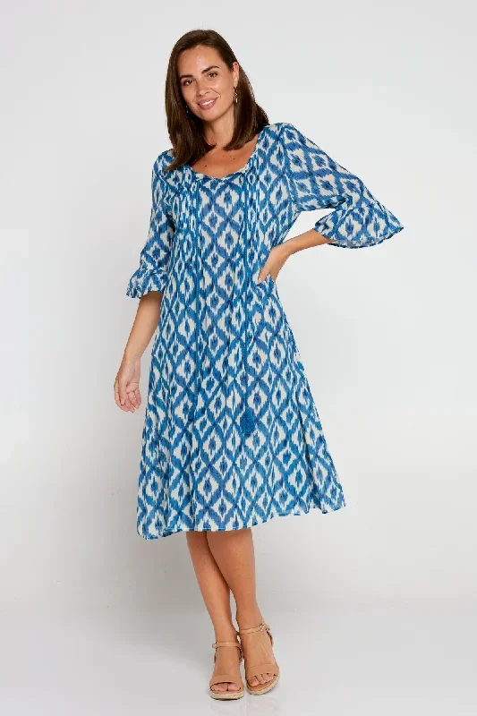 Bethany Cotton Dress - Blue Ikat Print