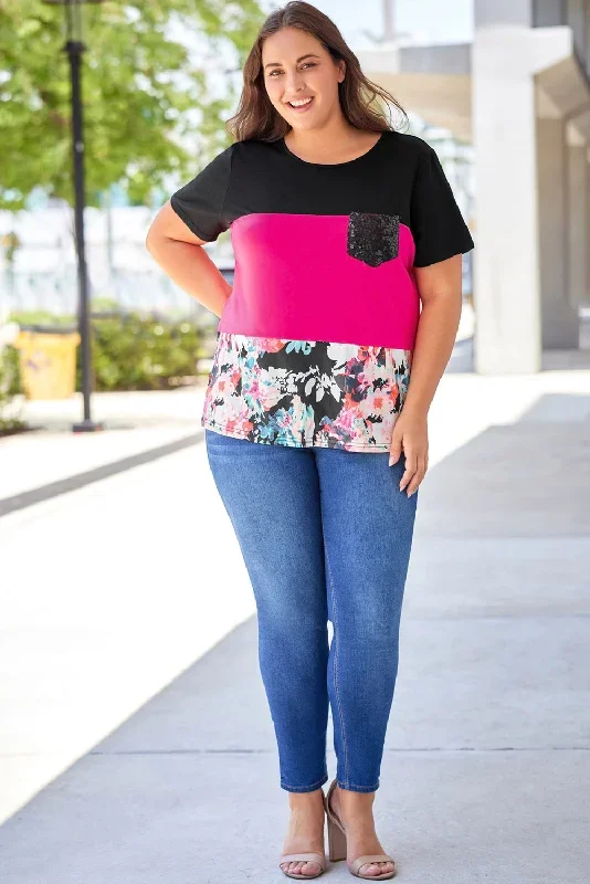 black-floral-color-block-sequin-pocket-plus-size-tee