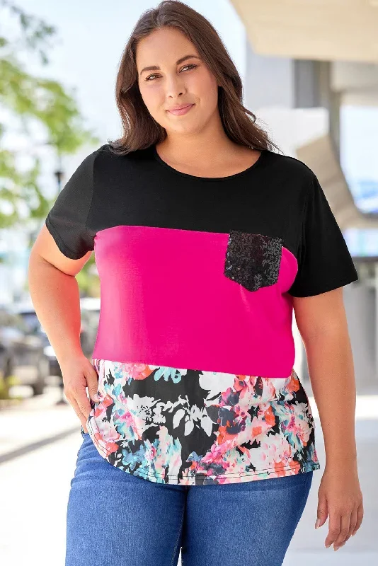 black-floral-color-block-sequin-pocket-plus-size-tee