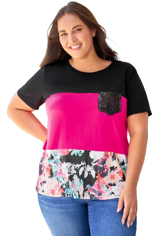 black-floral-color-block-sequin-pocket-plus-size-tee