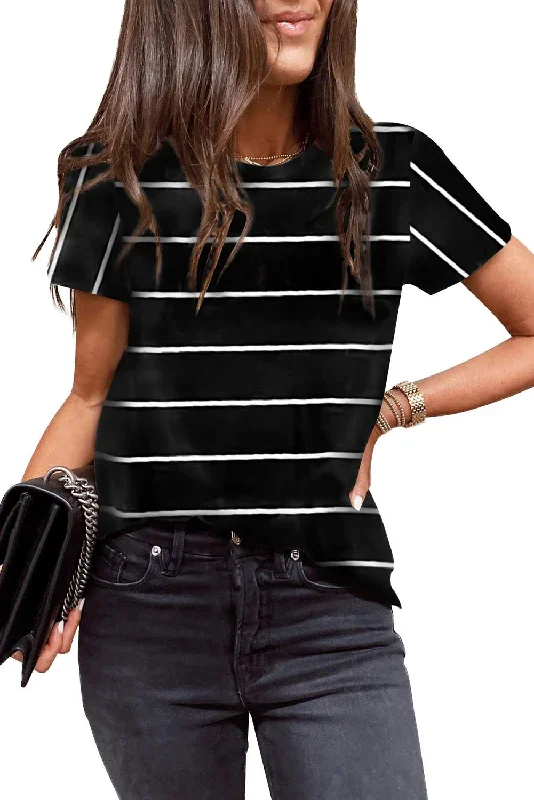 black-round-neck-striped-print-t-shirt