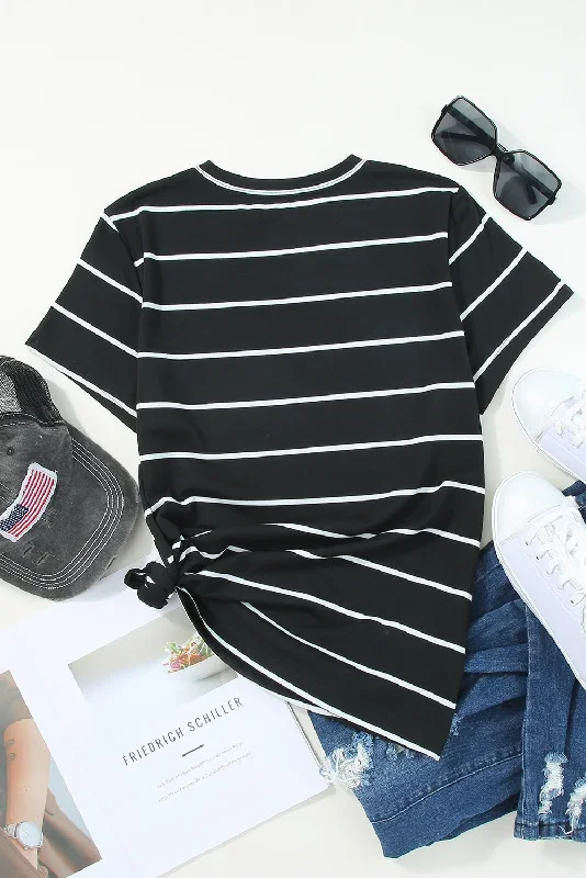 black-round-neck-striped-print-t-shirt