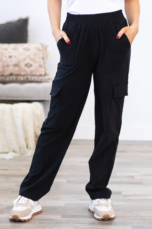 black-soft-cargo-elastic-waistband-pants