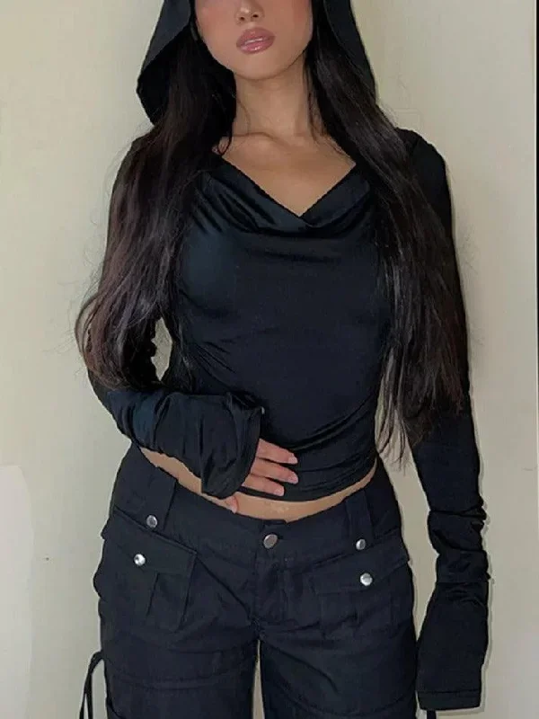 Black Stacked Neck Hooded Slim Long Sleeve Tee