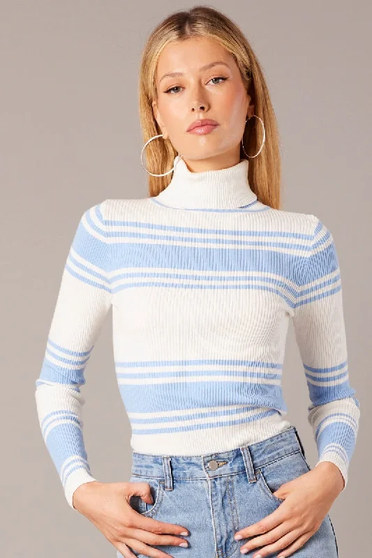 Blue Stripe Knit Top Long Sleeve High Neck