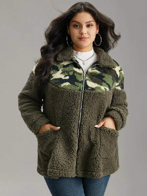 Camo Patchwork Zipper Pocket Teddy Jacket