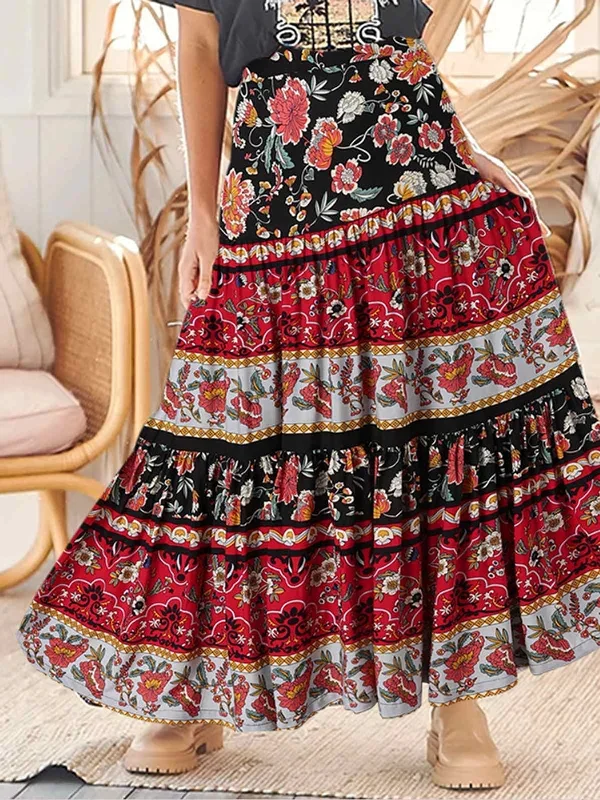 JuliaFashion - 2024 Women Stithing Pleats Long Skirt Bohemian Maxi Skirts