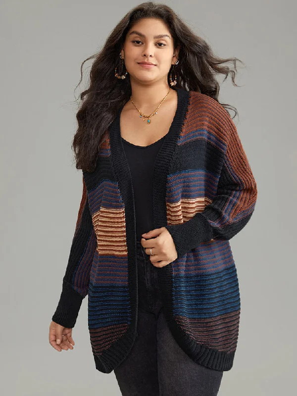 Colorblock Heather Batwing Sleeve Curved Hem Cardigan