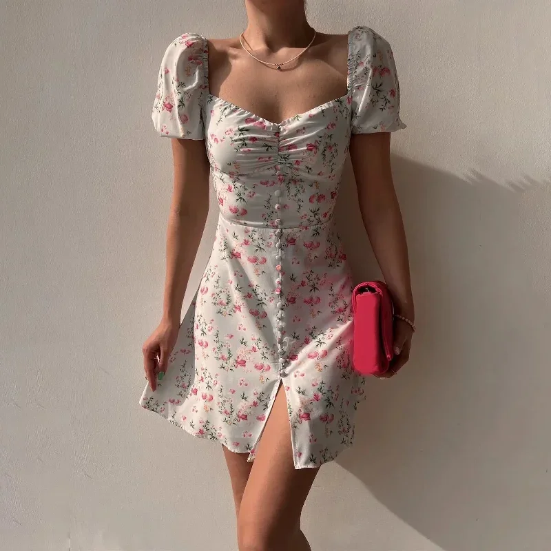 Bubble Sleeve V Neck Elegant Clearance Sale Women's Floral Shorts Boho Dress