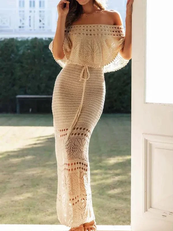 Women's Tube Top Off Shoulder Knit Pattern Hollow Tie Up Summer Boho Dress