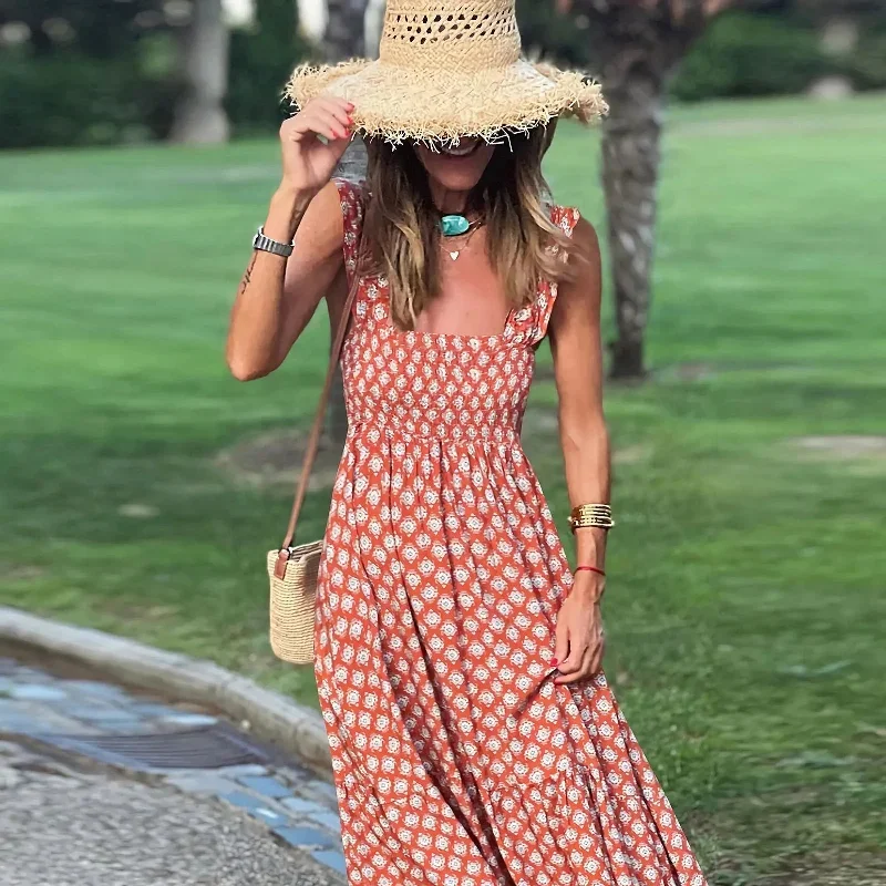 Women's Spaghetti Strap Neck Ruffle Beach Sun Bohemian Holiday Boho Dress