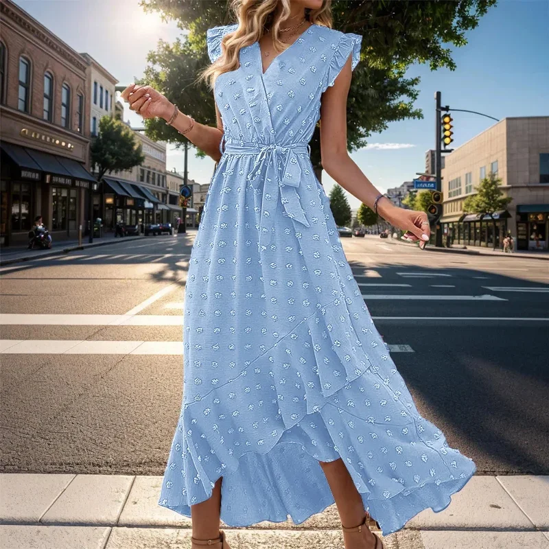 Women's Clothing Free Shipping Sleeve Wrap V Neck Ruffle Dot Ruffle Slit Flowy Boho Dress