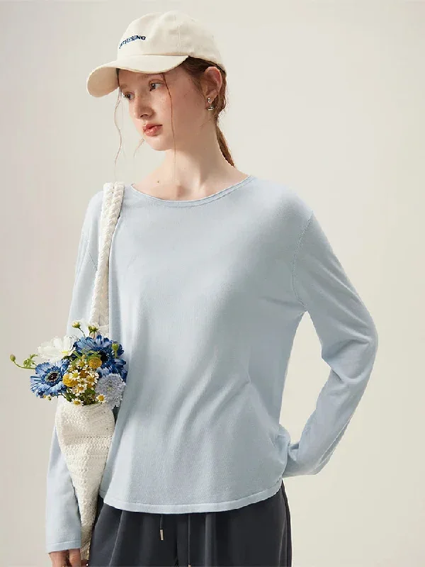 FashionSierra - Style Elegant Round Neck Knitted Spring Long-sleeved Thin Tencel Inner Layering T-shirt