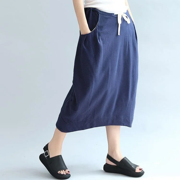 dark-blue-casual-knitting-cotton-skirts-elastic-waist-beach-skirts