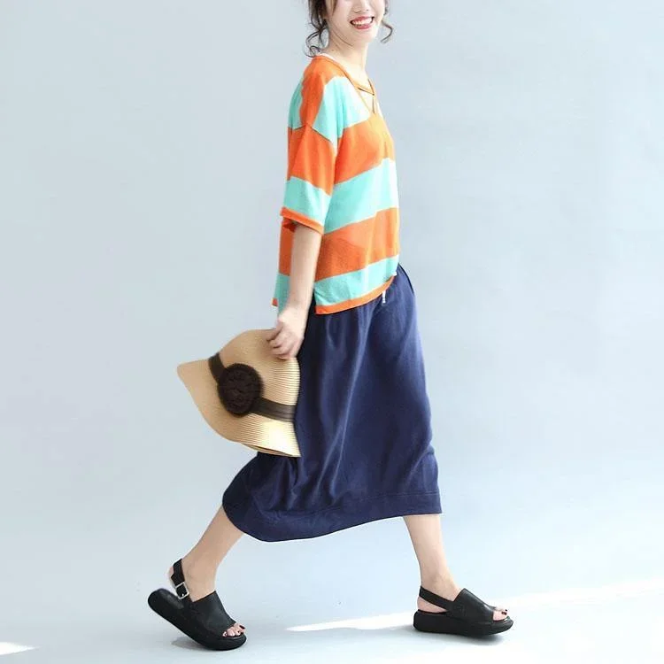 dark-blue-casual-knitting-cotton-skirts-elastic-waist-beach-skirts