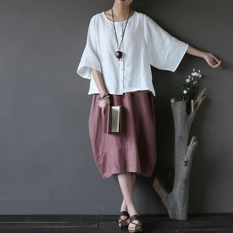 dark-pink-linen-patchwork-skirts-plus-size-casual-mid-skirts