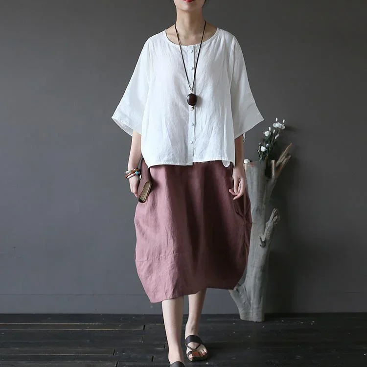 dark-pink-linen-patchwork-skirts-plus-size-casual-mid-skirts