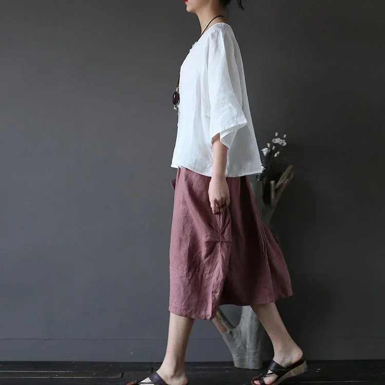 dark-pink-linen-patchwork-skirts-plus-size-casual-mid-skirts