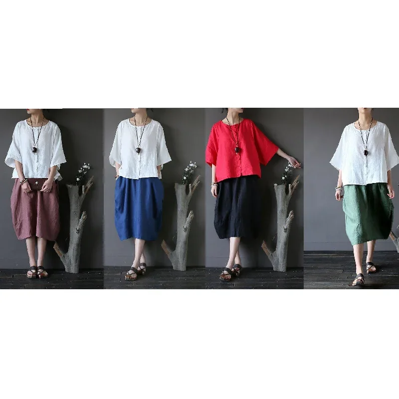 dark-pink-linen-patchwork-skirts-plus-size-casual-mid-skirts