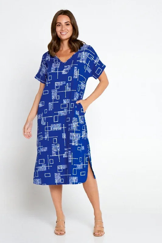 Esiteri Linen Dress - Royal Blue Geo