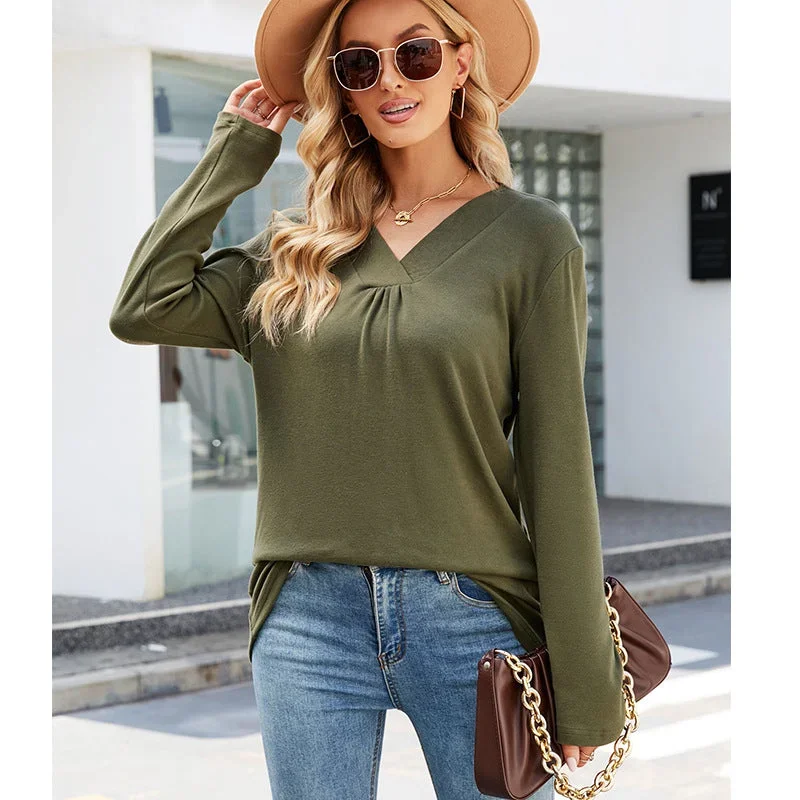 FashionSierra - Casual V-Neck Solid Long Sleeve Loose T-shirt