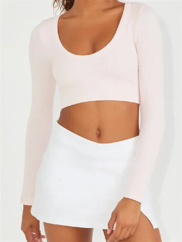 exposed-navel-long-sleeve-deep-v-neck-solid-slim-fit-ribbed-fall-spring-club-streetwear-tee