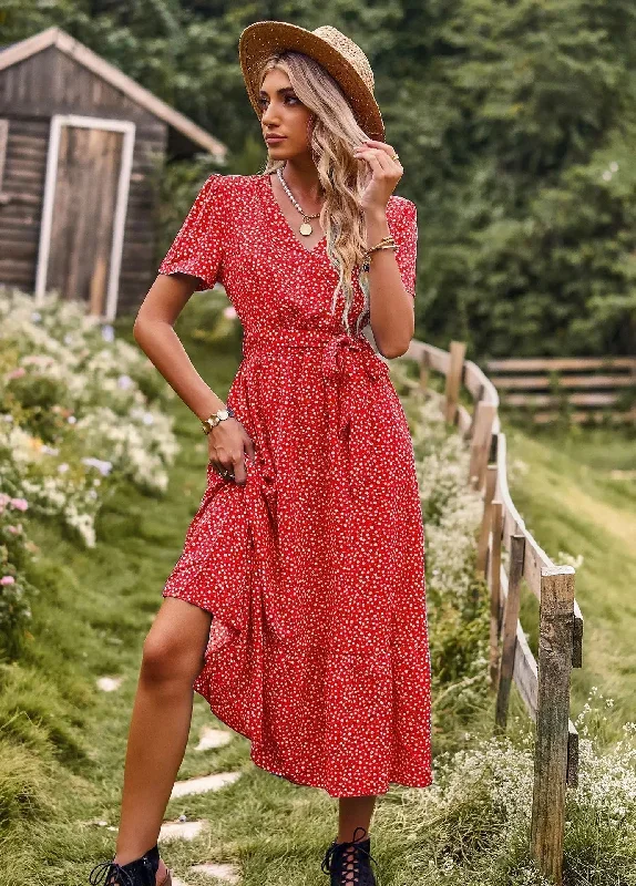 FashionSierra-Dot Print  Women  Robe  Casual  V-neck  Short Sleeve  Beach  Summer  2024  Sashes  High Waist  Long  Vestidos Boho Dress