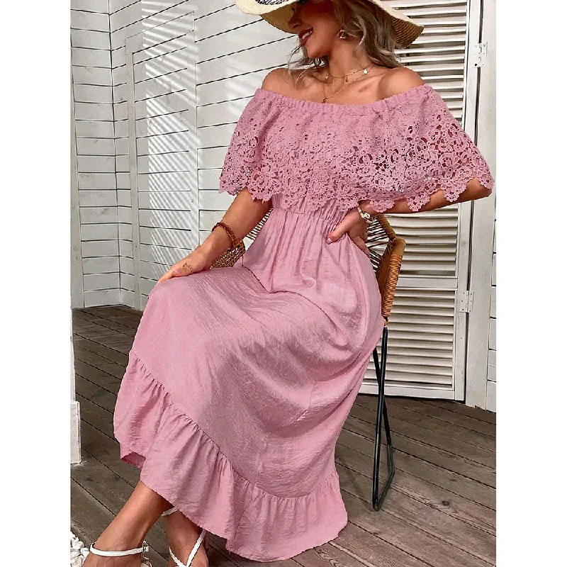 FashionSierra-Sexy  Off Shoulder  Floral Lace  Women  Robe  Casual  Short Sleeve  Elastic Waist  Elegant  Ladies  Vestidos Boho Dress