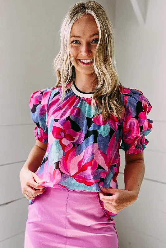 fiery-red-floral-print-shirred-puff-sleeve-blouse