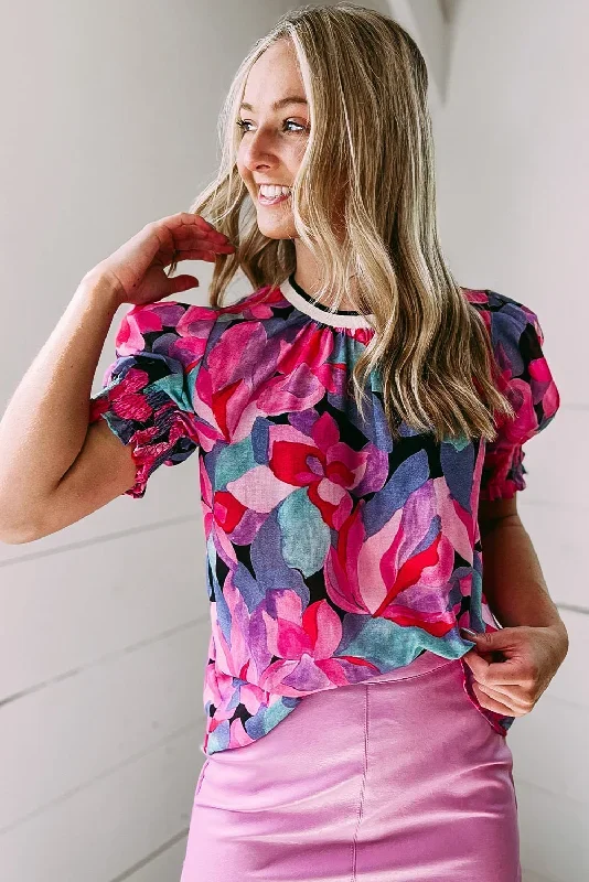 fiery-red-floral-print-shirred-puff-sleeve-blouse